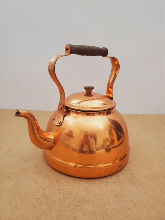 Vintage Copper Kettle with Brass & Wood Handle Antique Copper Kettle/Teapot - Picture 4 of 16